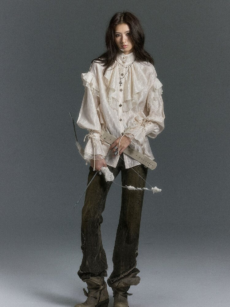 Patchwork Pearlescent Ruffled Stand Collar Shirt【s0000019242】