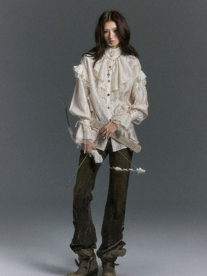 Patchwork Pearlescent Ruffled Stand Collar Shirt【s0000019242】