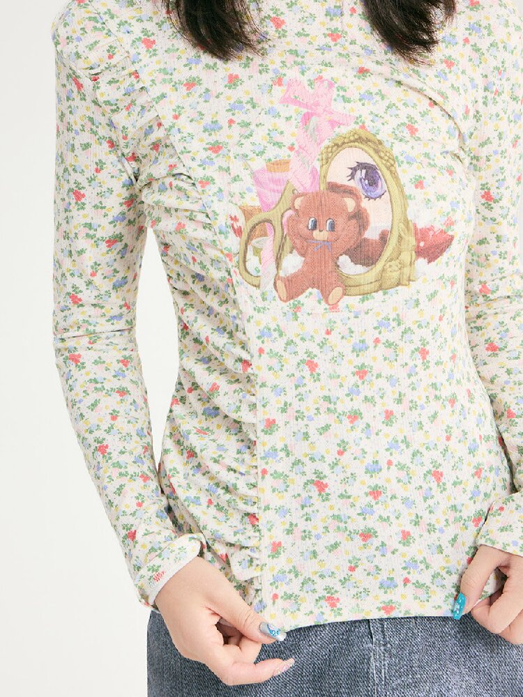 Floral Bear Stretchy Long Sleeve Top【s0000018725】