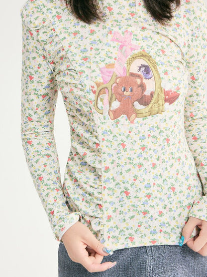 Floral Bear Stretchy Long Sleeve Top【s0000018725】