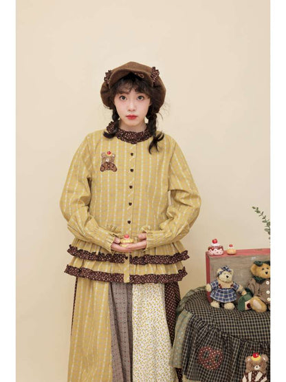 Vintage Girly Lace Bear Turmeric Shirt【s0000014839】
