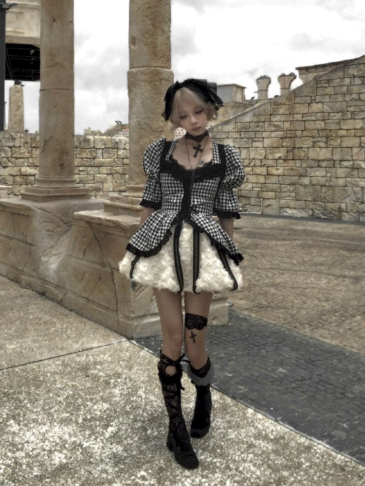 Plaid Lace Tie Bubble Sleeve Rose Set【s0000012437】