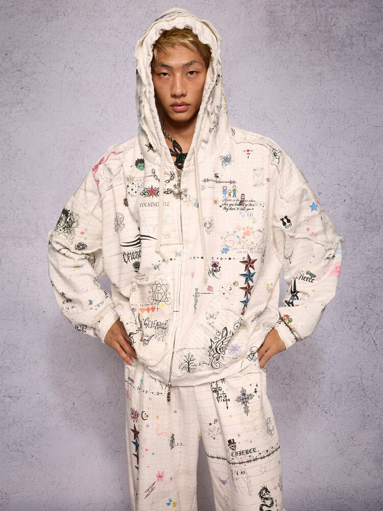Torn Manuscript Print Sweatshirt Jacket【s0000018735】