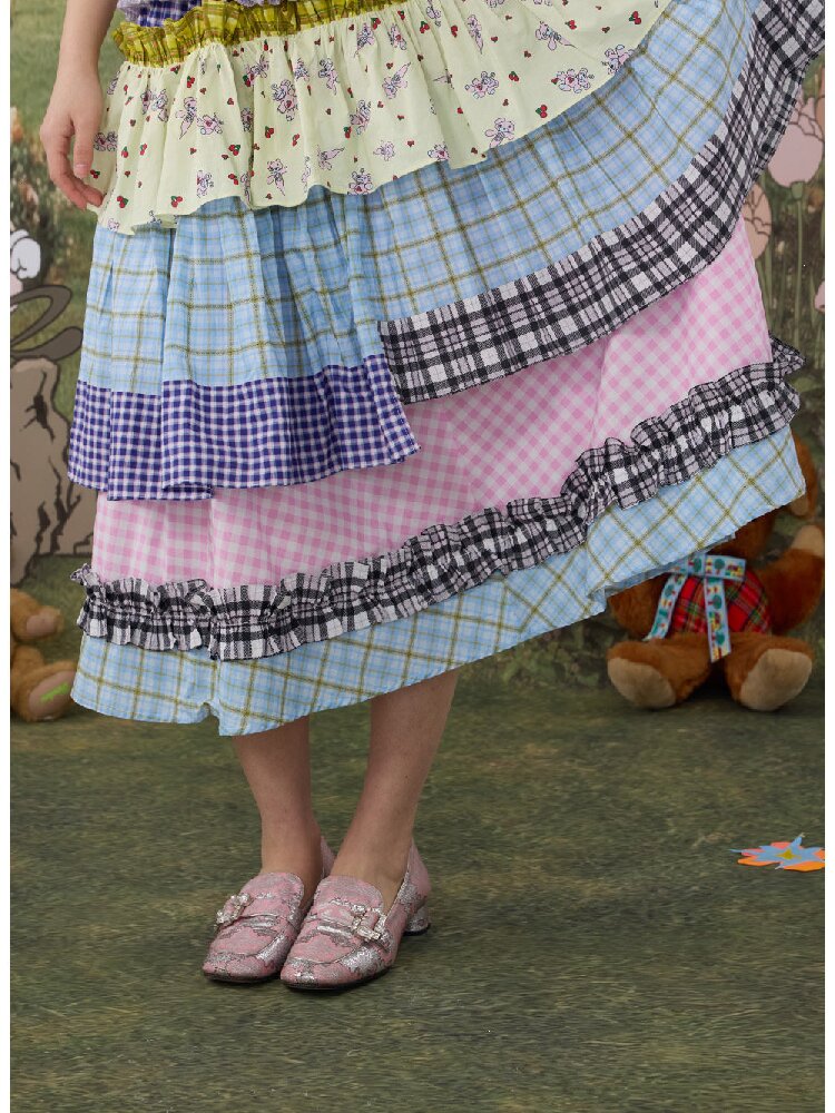 Plaid Print Cotton Lace Midi Skirt【s0000017119】