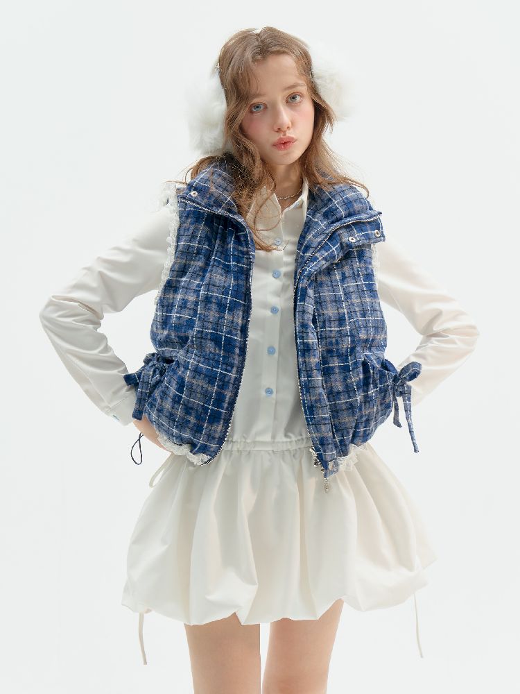 Checkered Splicing Lace Cotton Vest【s0000011504】