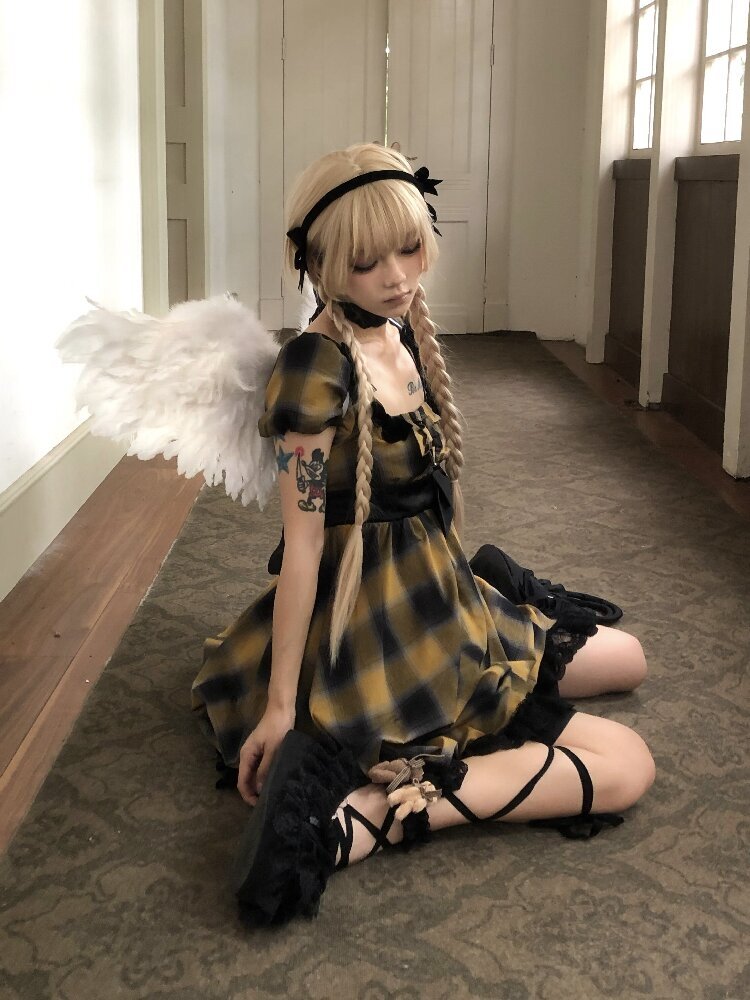 Plaid Puff Sleeve Lantern Dress【s0000016892】