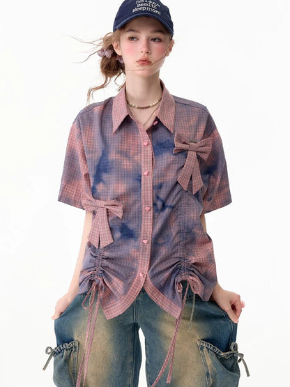 Distressed Plaid Bow Short Sleeve Shirt【s0000017755】