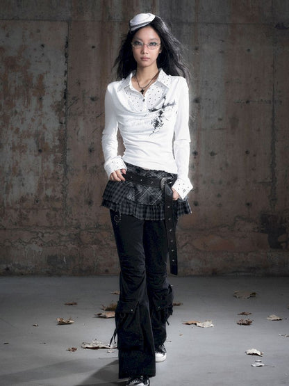 Plaid Tie-Dye Black Swing Neck Long Sleeve Blouse【s0000013887】