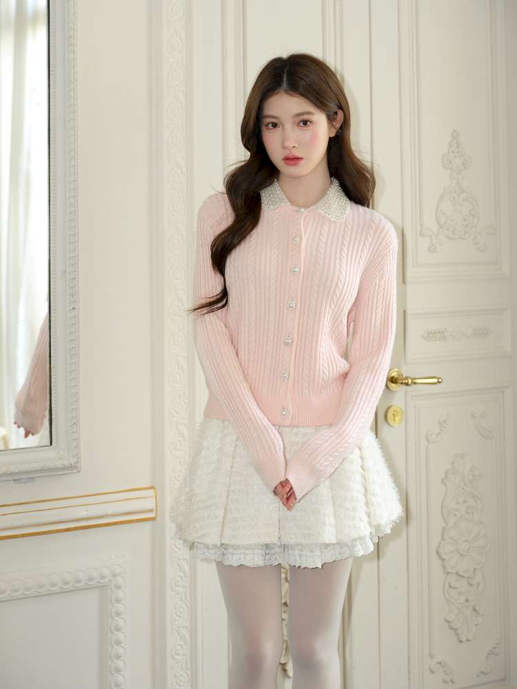 Pink Crochet Diamond Knit Cardigan【s0000015050】