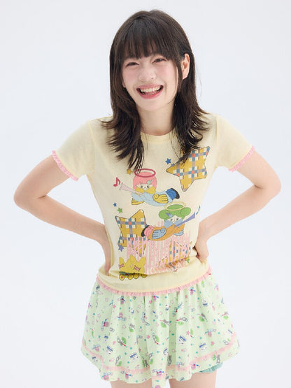 Star Angel Print Lace Short Sleeve Tee【s0000017696】