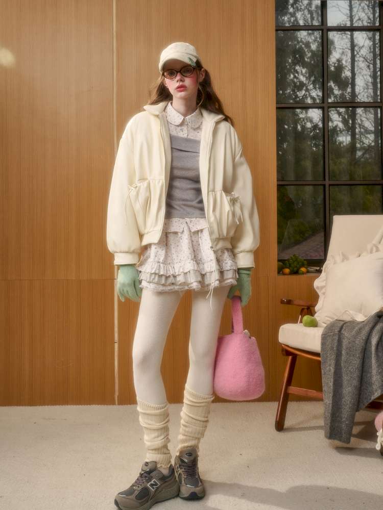 Cream Leather Doll Collar Leather Jacket【s0000014885】