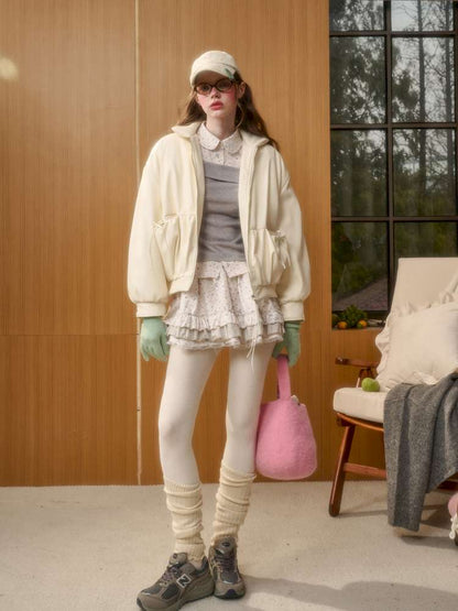 Cream Leather Doll Collar Leather Jacket【s0000014885】