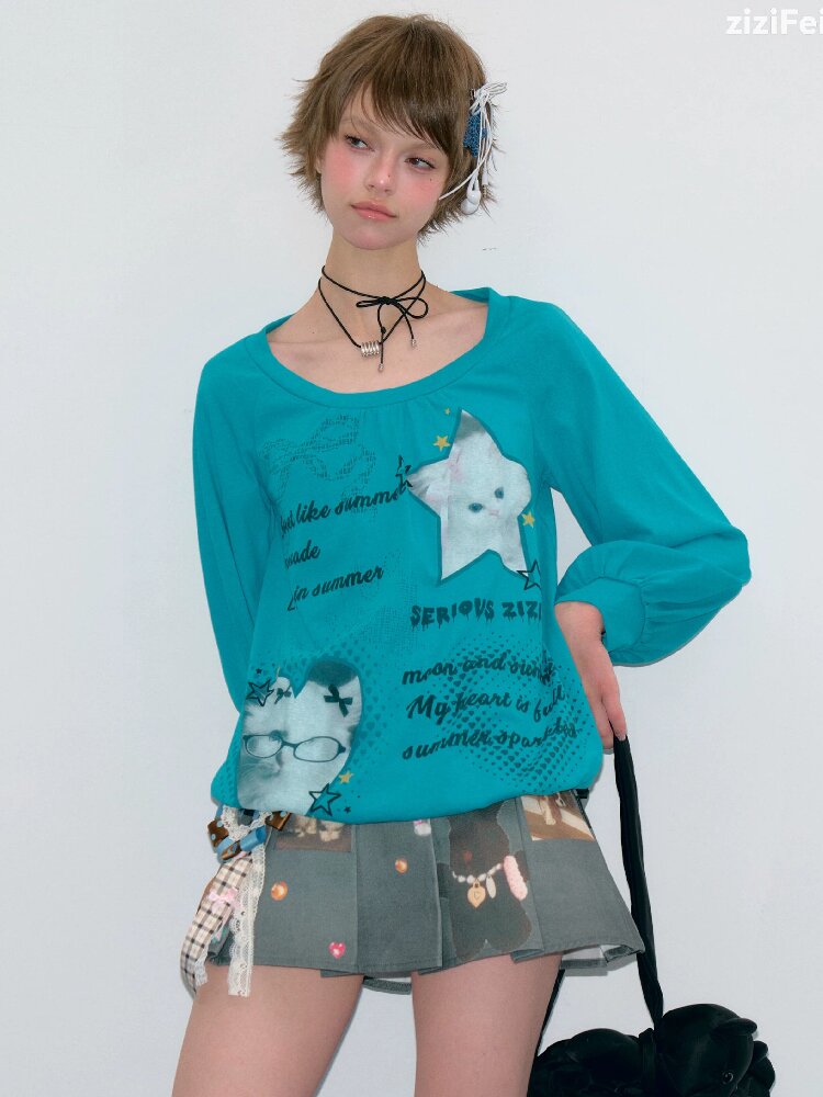 Lantern Sleeve Cat Print T-Shirt【s0000017877】