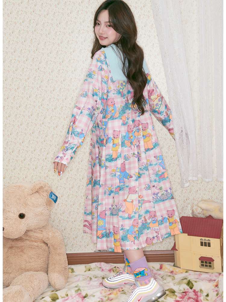 Pink Bear Illustration Print Dress【s0000014496】