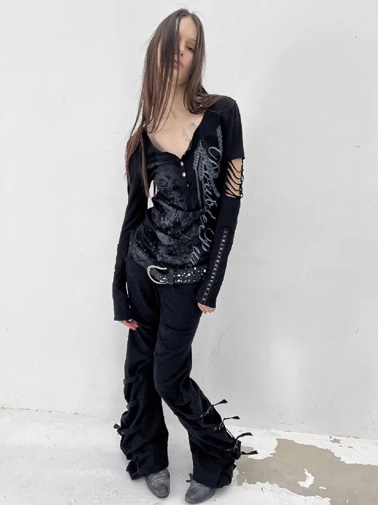 Long Sleeved Ripped Punk Print Tee【s0000015912】