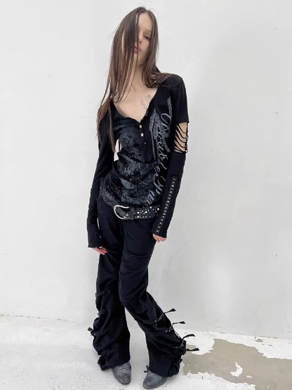 Long Sleeved Ripped Punk Print Tee【s0000015912】