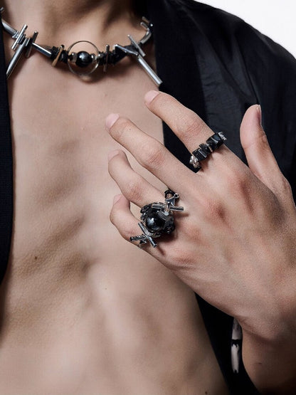Black Gallstone Mecha Punk Ring【s0000018824】