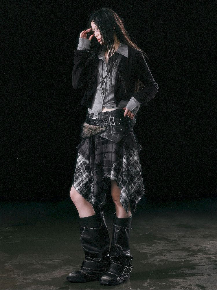 Star Plaid IRREGULAR RAW EDGE HALF SKIRT [S0000010750]