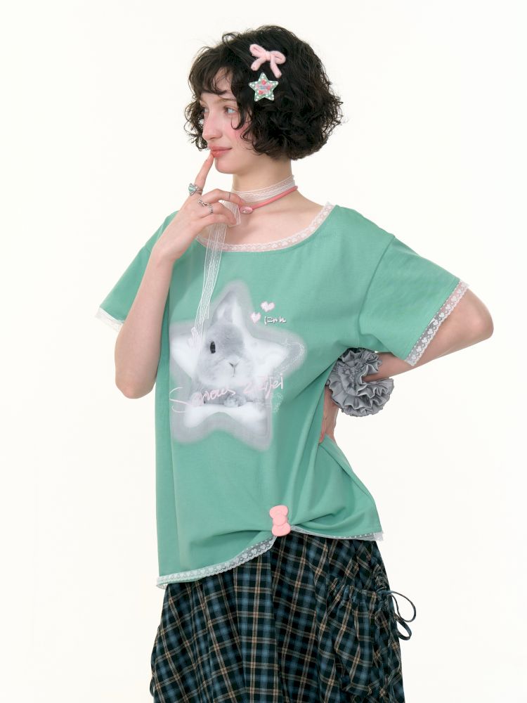 Lace edge large round neck loose short sleeve t-shirt【s0000013373】