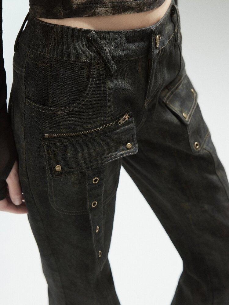 Color Cargo Flared Studded Jeans【s0000015609】