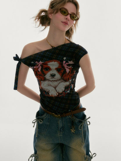 Plaid Print Off Shoulder T-Shirt【s0000016613】