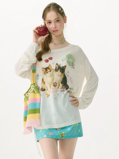Summer Cat Heart Long Sleeve T Shirt【s0000017162】