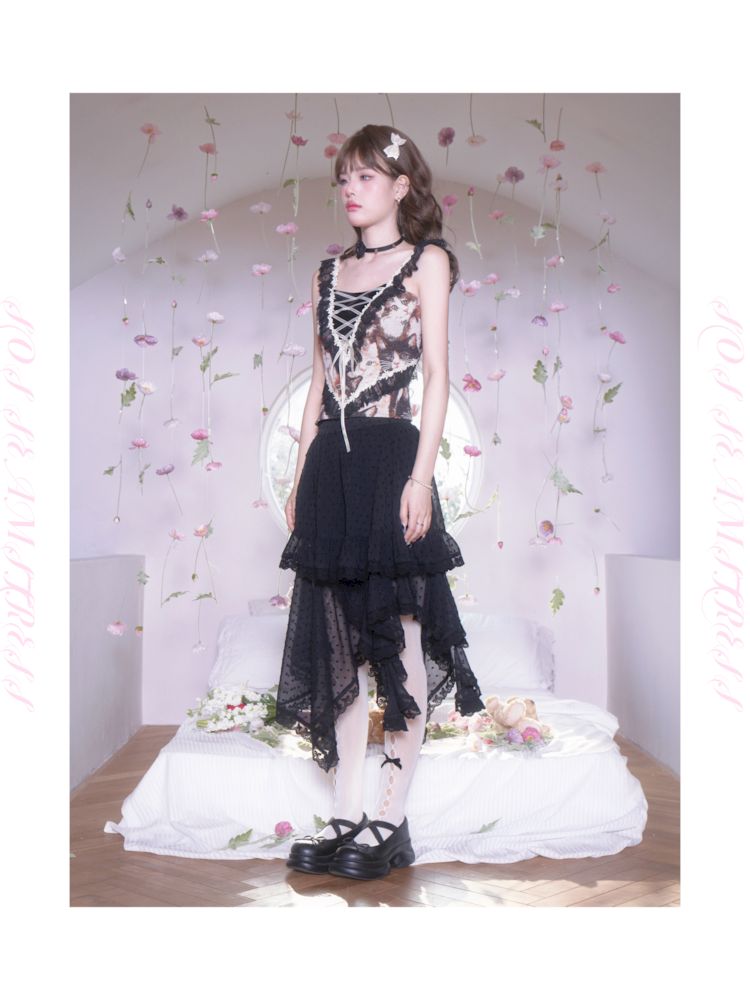 Polka Dot Irregular Hem Lace Ruffle Half Skirt【s0000007872】