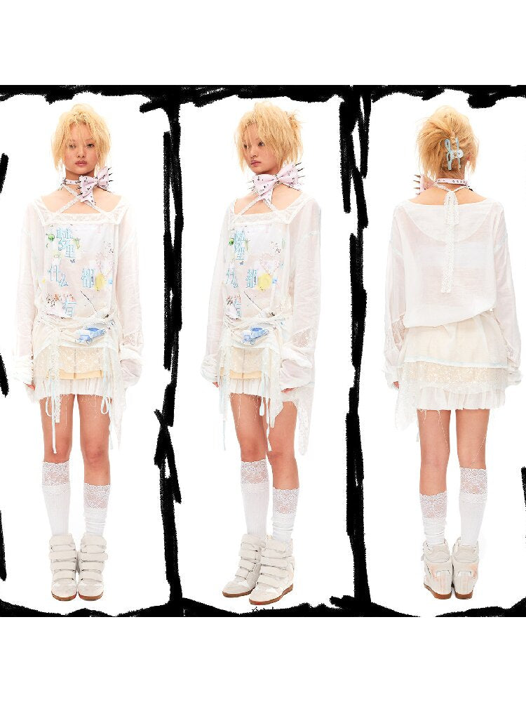 Dream Print Lace Drawstring Top【s0000016491】