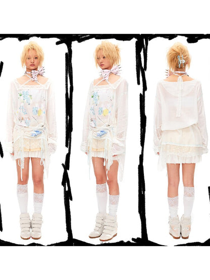 Dream Print Lace Drawstring Top【s0000016491】