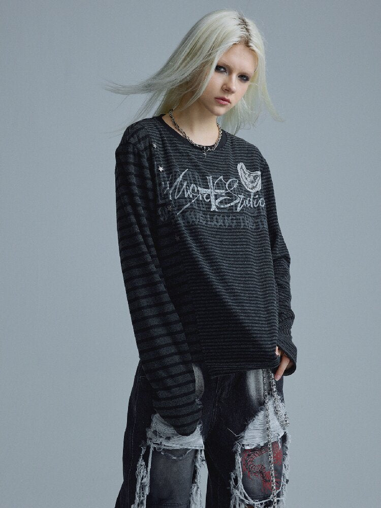 Black-Gray Striped Rivet Top【s0000018549】