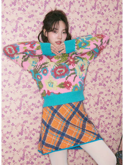 Pink Green Flower Knitted Sweater【s0000015370】