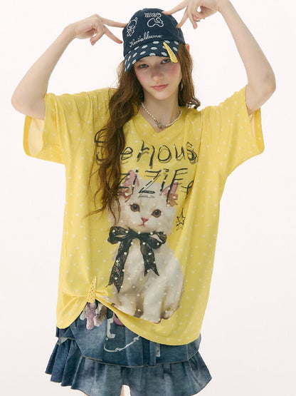 Loose Polka Dot Cat Print T-Shirt【s0000016857】