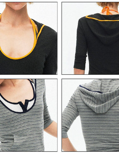 U-Neck Contrast Hooded Knit Top【s0000015918】