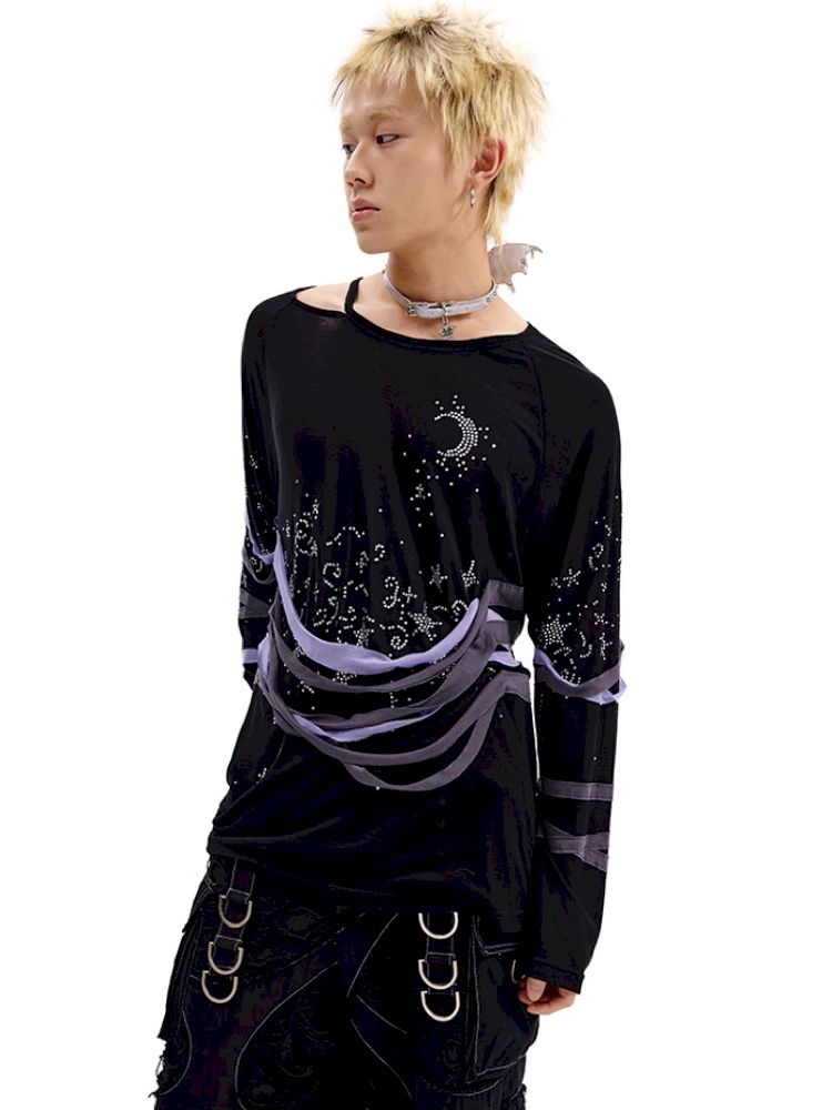 Starry Night Rhinestone Long Sleeve T-Shirt【s0000010505】