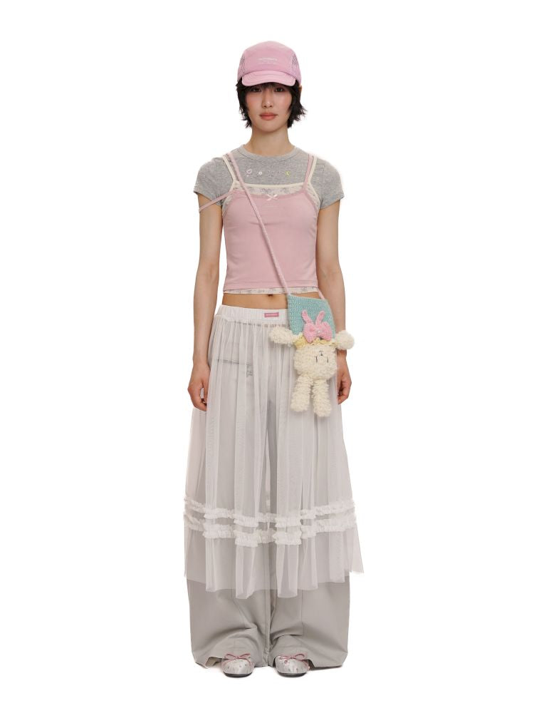 Lace satin bow short-sleeved T-shirt【s0000012504】