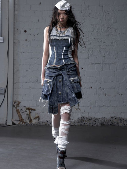 Hooded washed denim shirt dress skirt【s0000012784】