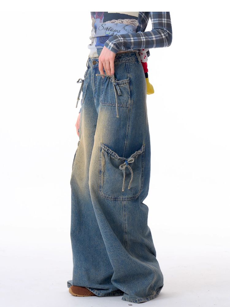 Bowknot High Waist workwear Denim Pants【s0000011675】