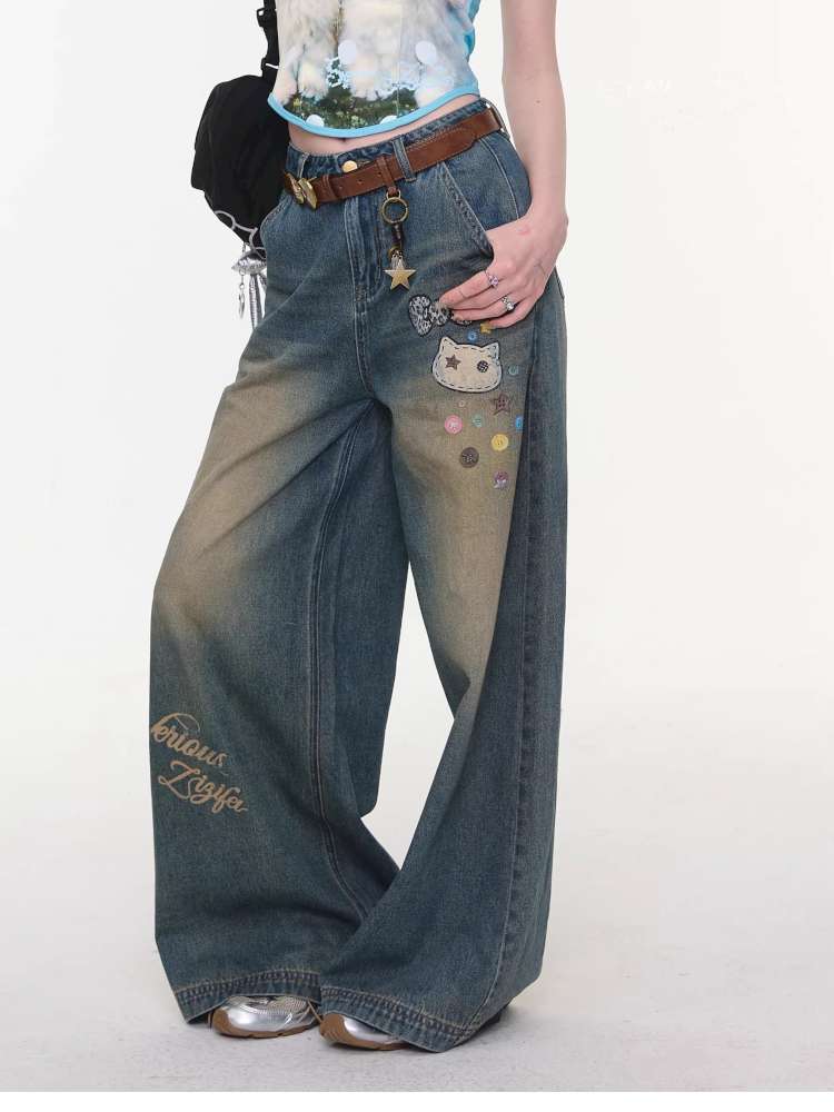 Cat Printed Straight Wide Jeans【s0000015431】