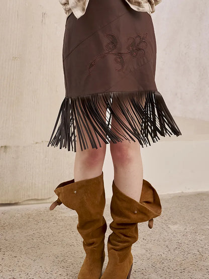 Embroidery Fringe Short Leather Skirt【s0000014045】