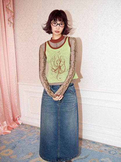 Low- Waisted Denim Mid-Length Half Skirt【s0000011643】