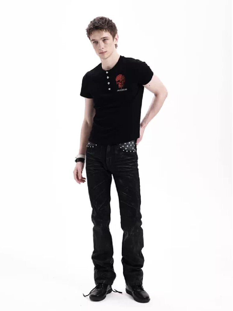 Red Rhinestone Embroidered Polo Tee【s0000018291】