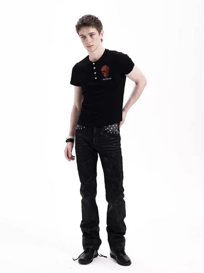 Red Rhinestone Embroidered Polo Tee【s0000018291】