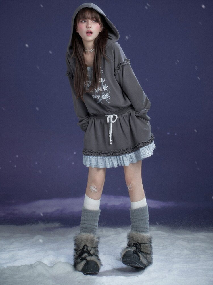 Gray Blue Print Lace Hoodie Dress【s0000015471】