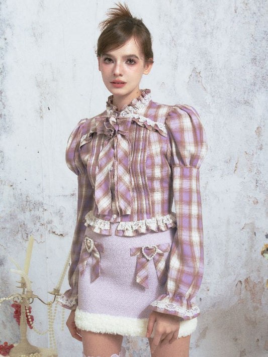Purple Plaid Bow Lace Bubble Sleeve Blouse Top【s0000005316】