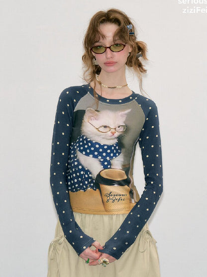 Navy Polka Dot Cat Print Shirt【s0000017894】