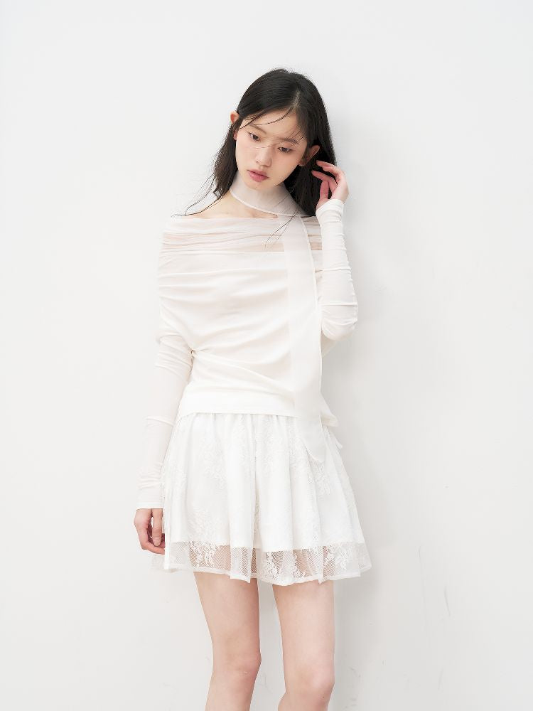 One Shoulder Top + Lace Embroidered Half Skirt【s0000011955】