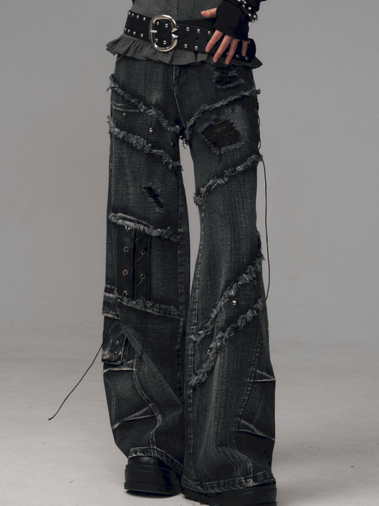 Raw-Edge Washed Distressed Riveted Pants【s0000014453】