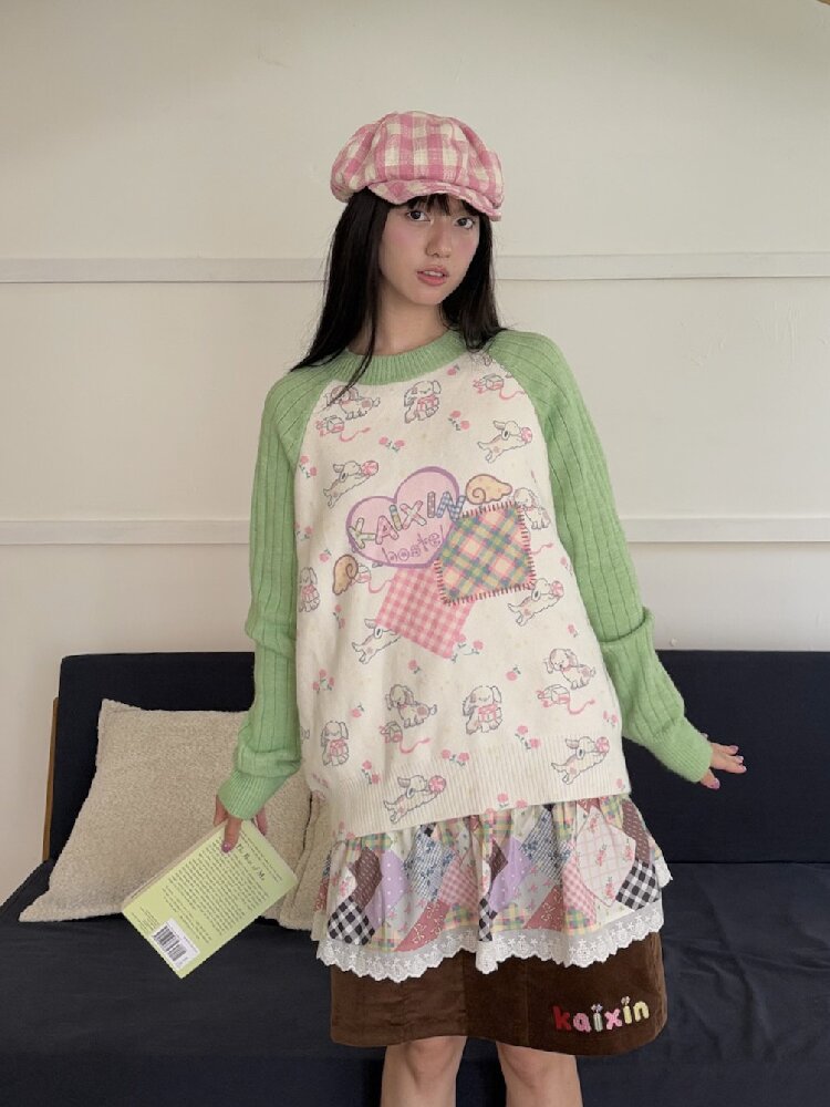 Puppy Floral Print Color Block Sweater【s0000019080】
