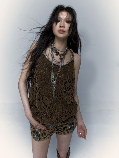 Slouchy Old Hollowed Out Loose Flocked Lace Vest [s0000008134]