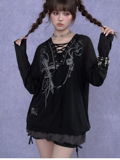 Dark Cross Print Strap Cardigan Hood【s0000017284】